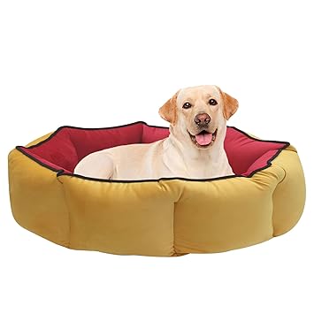 Hiputee Premium Velvet Reversible Washable Dog Cat Pet Bed (L, Yellow-Red)