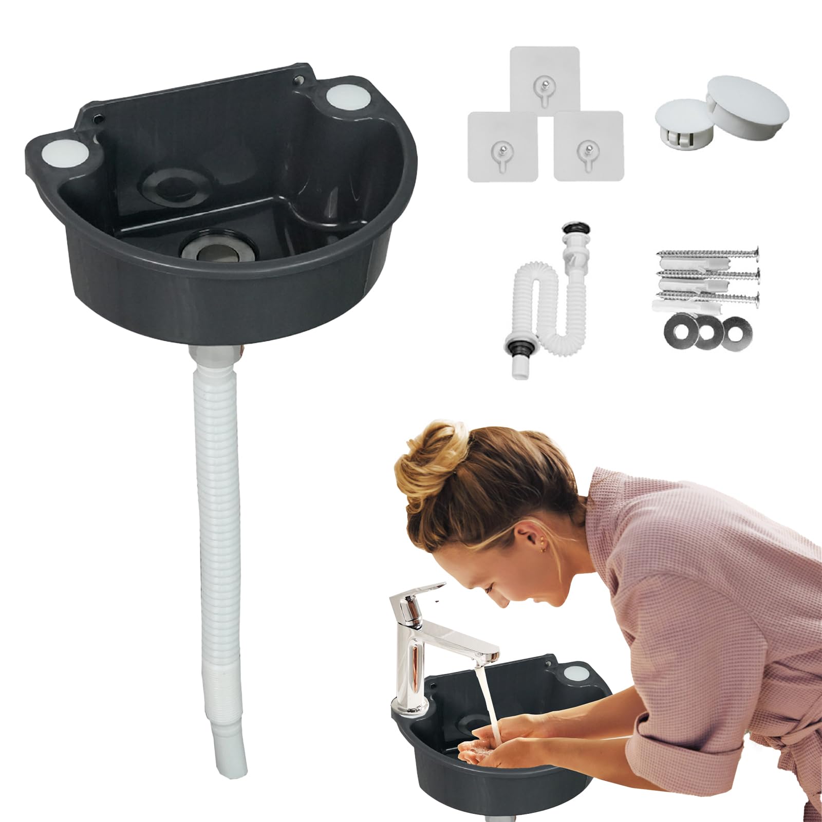 Fregadero De PláStico, Fregadero De Camping De Pared Con DesagüE De 75 Cm Lavabo Semicircular Gris Para Aseo De Invitados BañO Camping JardíN SóTano Obra 31 X 21 X 10,5 Cm