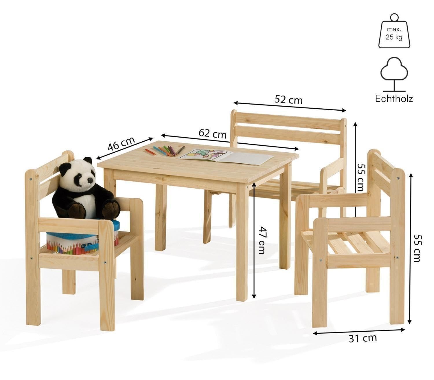 Kindersitzgruppe 4-teilig - mit Kindertisch, Sitzbank & 2 Stühlen - Braun - Kiefernholz Massiv - Sitzgruppe Kindertischgruppe Holzsitzgruppe