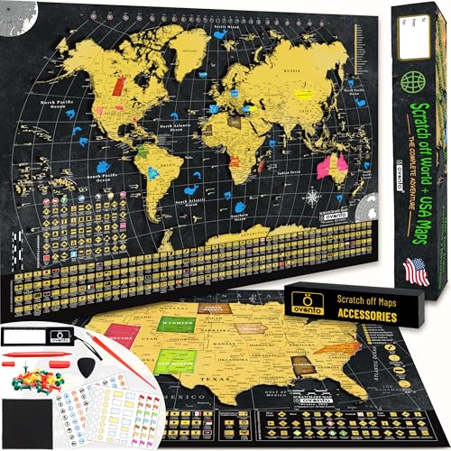 OVANTO Scratch Off World Map + USA Map – 17x24” Wall Travel Posters with 196 Flags, Gold Foil, Pins & Accessories – Premium Gift Box for Travelers, Couples, Home or Office Decor