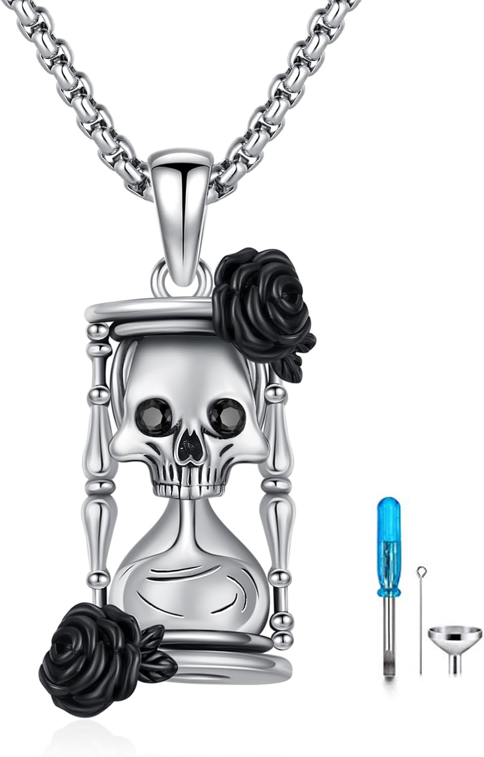 Hourglass Urn Necklace 925 Sterling Silver Skull Pendant Necklace Rose Gothic Cremation Jewelry for Ashes Men Women