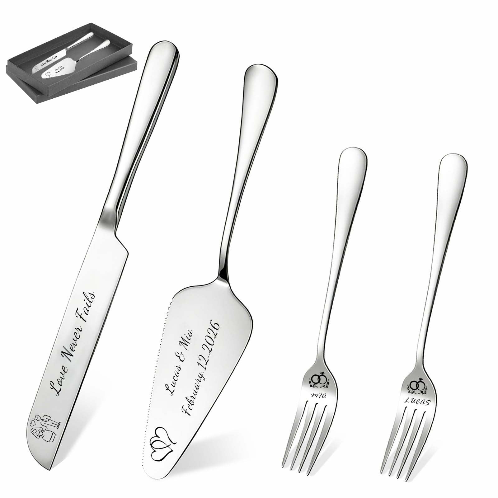 QSZ Personalized Wedding Cake Knife Set Engraved Stainless Steel Cake Server with Custom Text and Patterns Personalized Gift for Weddings Birthdays Christmas (Personalized Wedding Cake Knife Set)