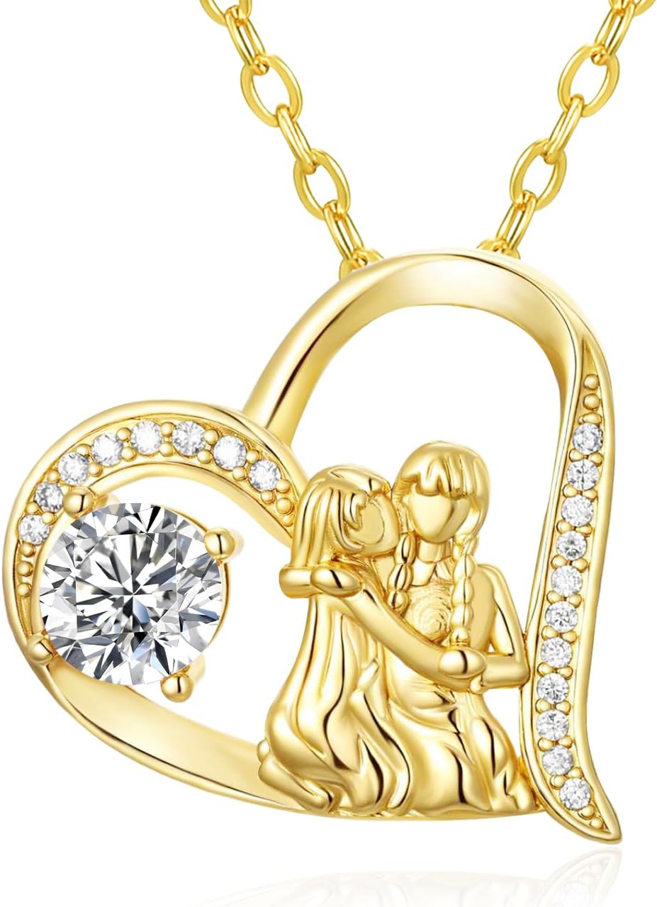 14K Gold Dainty Heart Diamnond Necklace for Mom Sister, I Love You Jewelry with Heart Pendant, Anniversary Birthday Gifts for Her Wife Mom Sister Friend Grandma Daughter