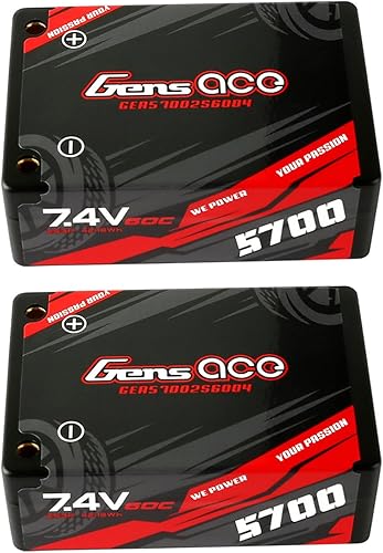 Gens ace 5700mAh 7.4V 60C 2S3P HardCase Lipo Battery Saddle Pack Pack 12# with 4.0mm Bullet to T Plug(2Pcs)
