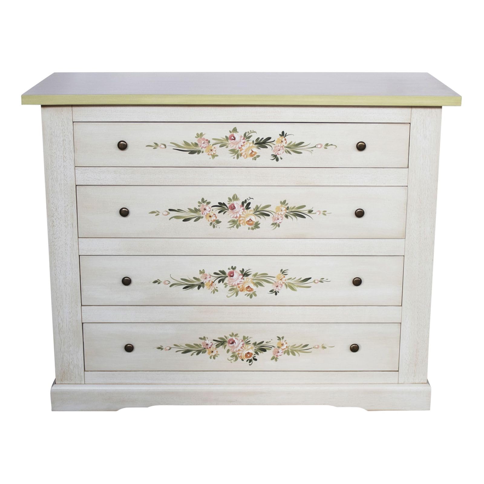 Vicentini arreda COMO' CASSETTIERA IN LEGNO SHABBY CHIC MOD TOSCANO BIANCO DECORATO A MANO FILO VERDE