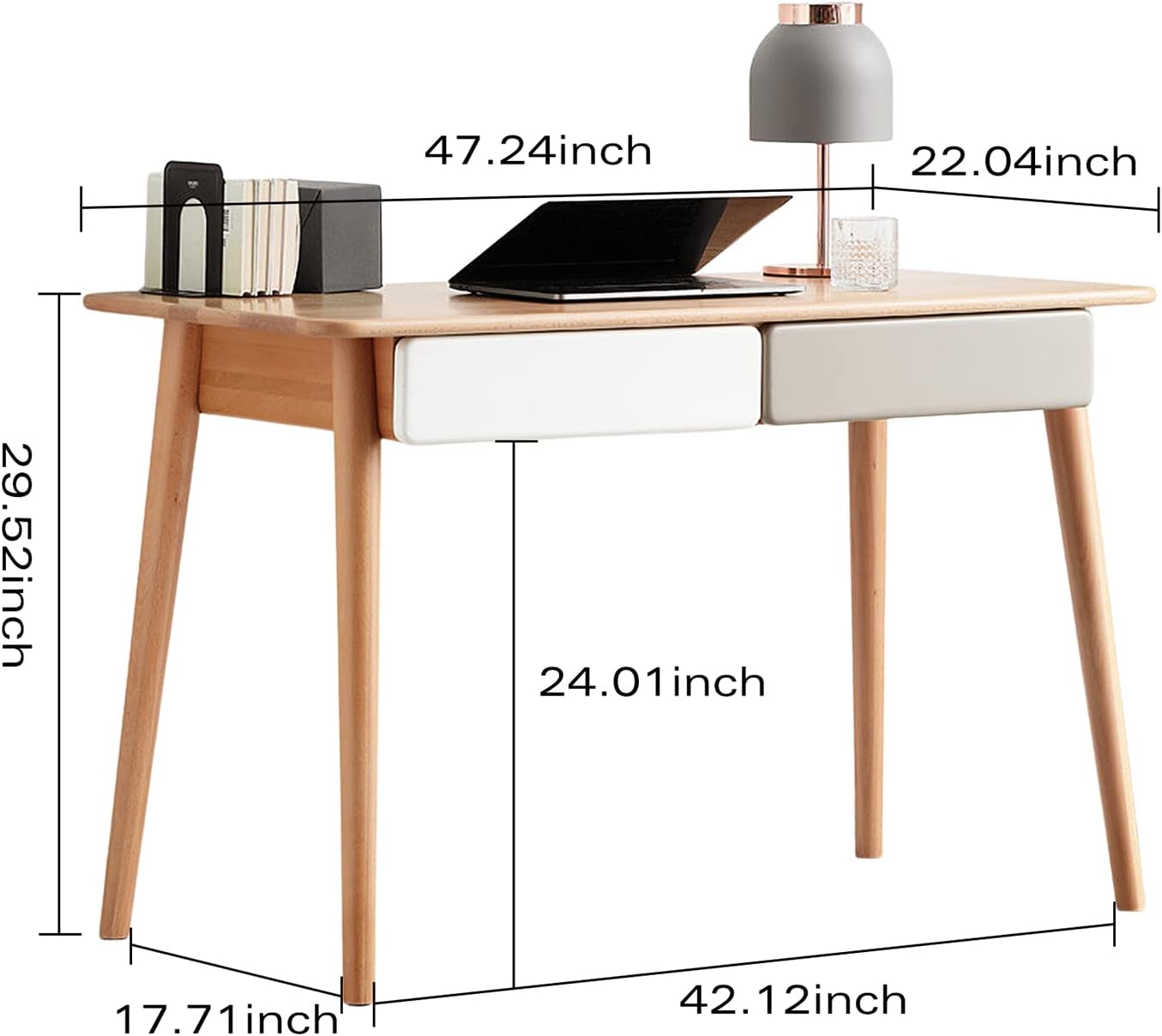 100% Solid Beech Wood Desk Office Desk with Drawers - Stylish Desk with Drawers for Home Office and Dormitory (47.24" D x 22.04" W x 29.53" H)