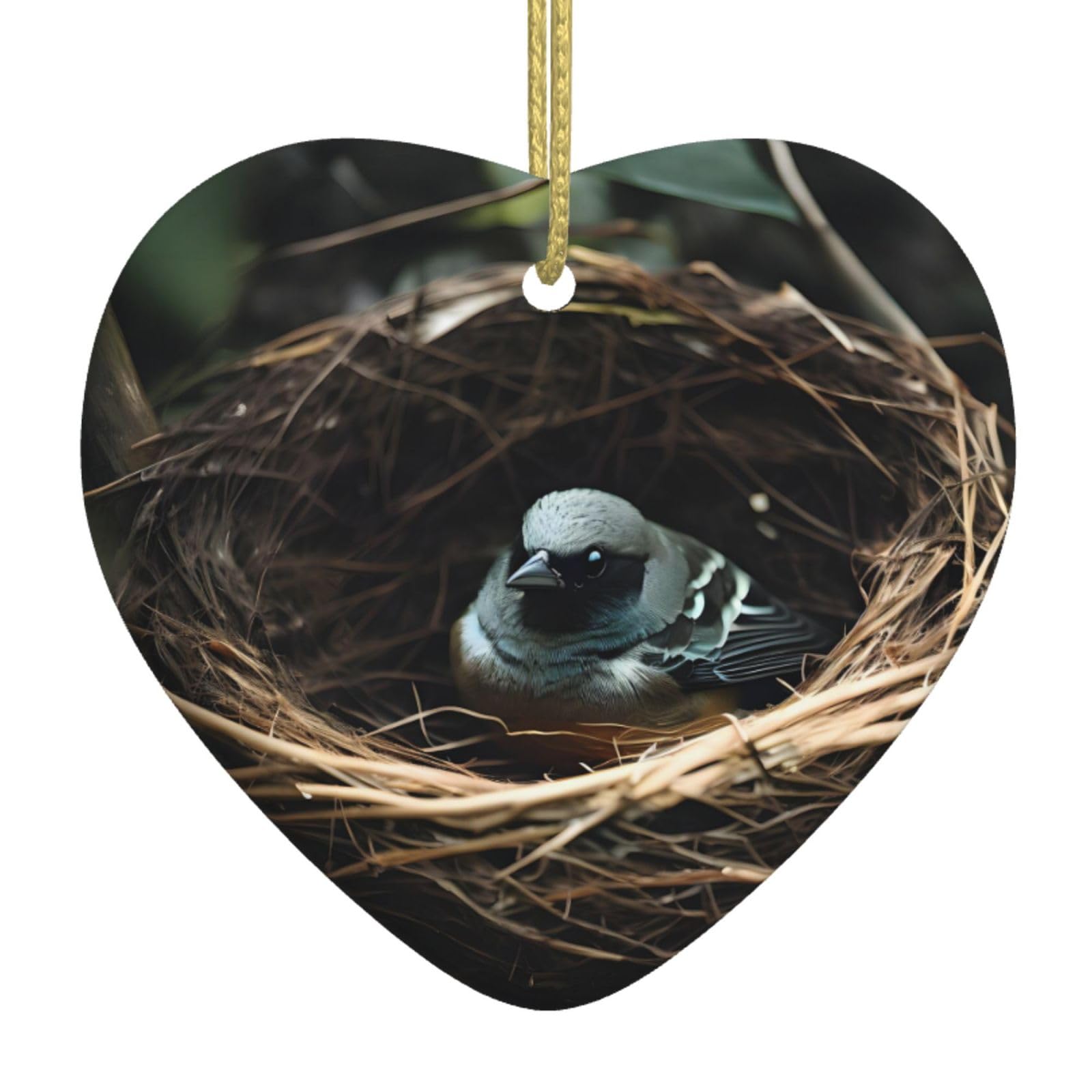 Little Bird nest Ceramic Christmas Heart Pendant with Silk Thread, Christmas Tree Home Decoration