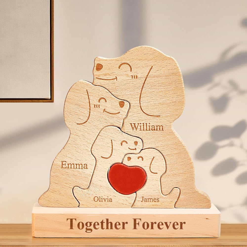 Personalised Wooden Bear Puzzle with 2-10 Family Name, Gift for Mum Grandma, We are One, Custom Family Name Sculpture, Gift for Mother’s Day, Birthdays Christmas, Unique Wooden Decor (Dog)