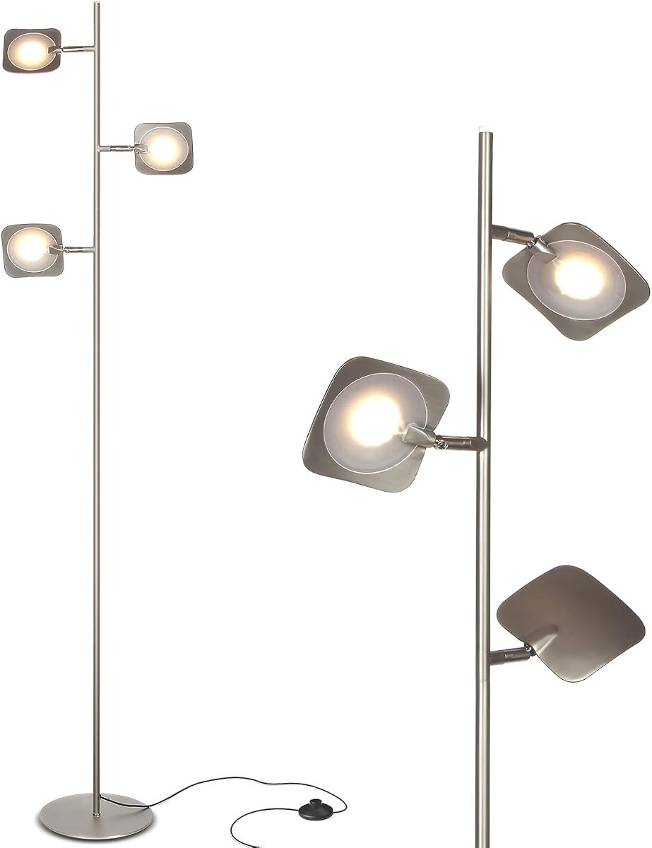 Brightech Lámpara de pie de árbol para salas de estar y oficinas, lámpara de pie regulable para lectura de dormitorio, lámpara de pie con foco LED, lámpara alta con paneles ajustables para un uso mínimo del espacio - níquel satinado