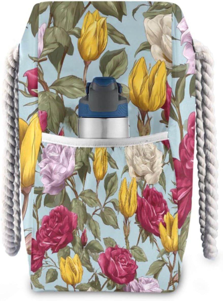 OTVEE Colorful Roses Tulips Pattern Beach Bags for Women Ladies Large Canvas Tote Shoulder Bag Waterproof Travel Bags for Gym Swim Pool Camping