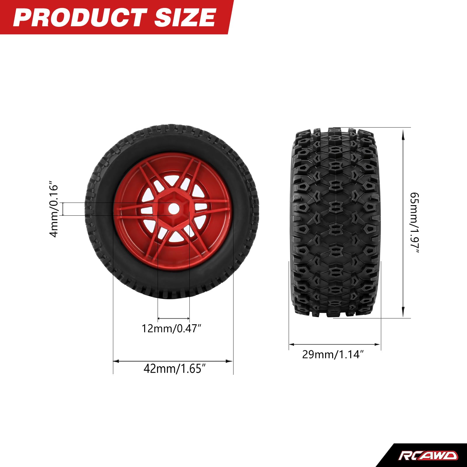 RCAWD 4Pcs 1/16 RC Tires Wheels for Arrma Mojave Grom ARA2104 ARA2304 ARA2304S Pre Glued Nylon Rubber Tires Upgrade Part 12mm Hex HubRed - Image 2