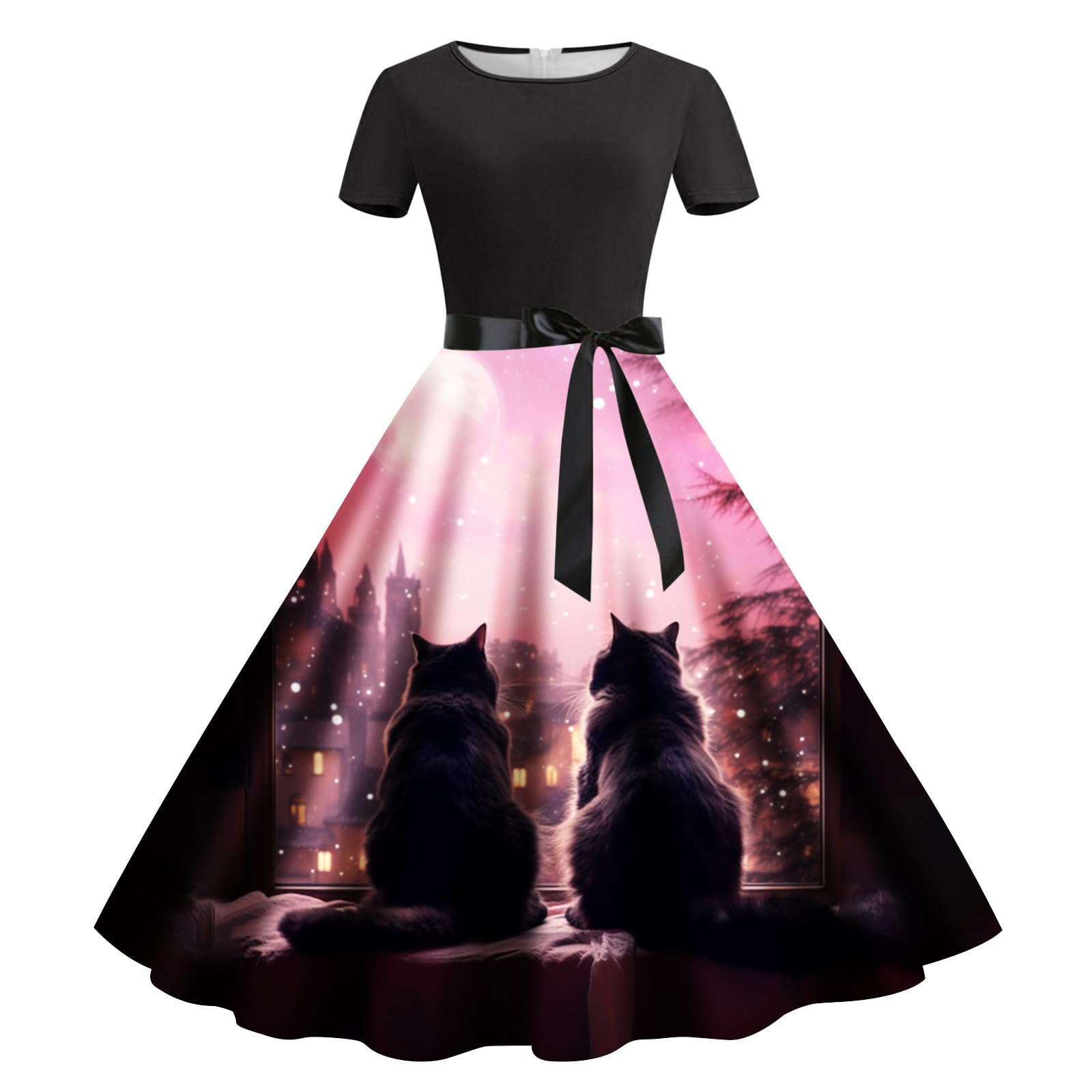 Robe décontractée chat rose XL pour femme | Col rond et manches courtes - 4