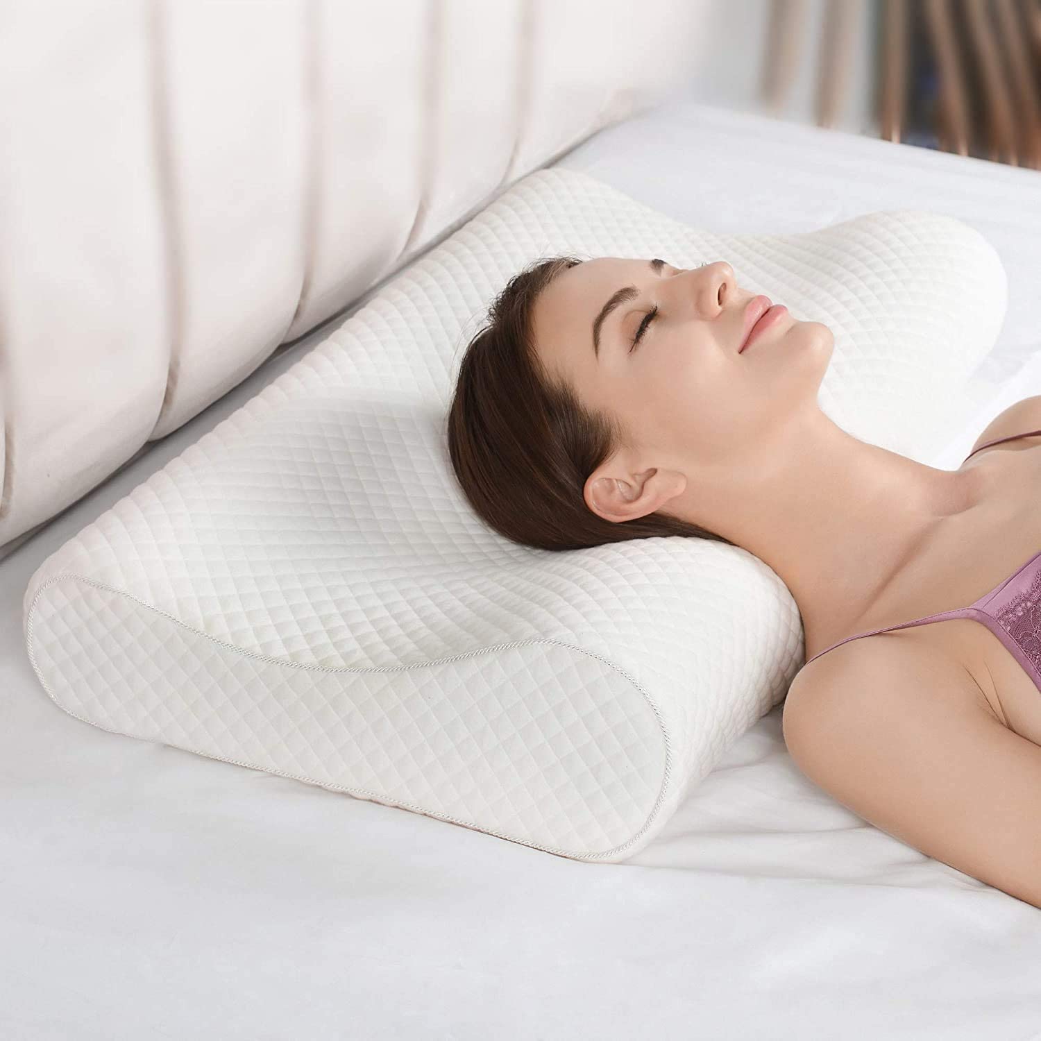 QIQI Cervical Contour Memory Foam Pillow,Orthopedic Pillow for Neck Pain,Orthopedic Contour Pillow Support for Back, Stomach,Side Sleepers,Anti-Snoring Neck Pillow,White, Pack of 1 (MMRY_Pillow)