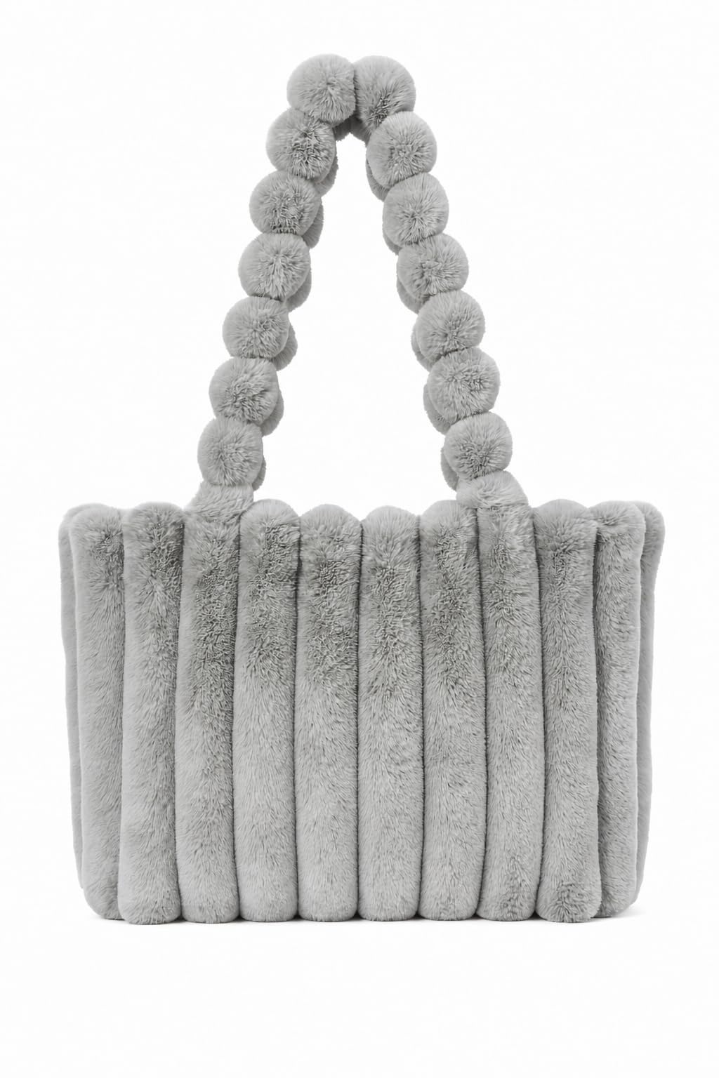 Faux Fur Tote Bag for Women, Grey, Plush Channeled Body with Pom-Pom Handle, Spacious Winter Handbag-image-39