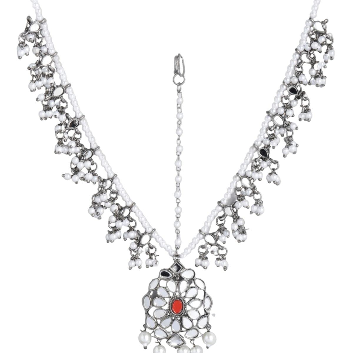 Accessher Silver-Plated Oxidised White Embellished With Mirror Kundan and Pearls Sheeshphool/Damini Maang Tikka For Women and Girls| Navratri Jewellery | (B09RV5P38F) Amazon Price History, Amazon Price Tracker
