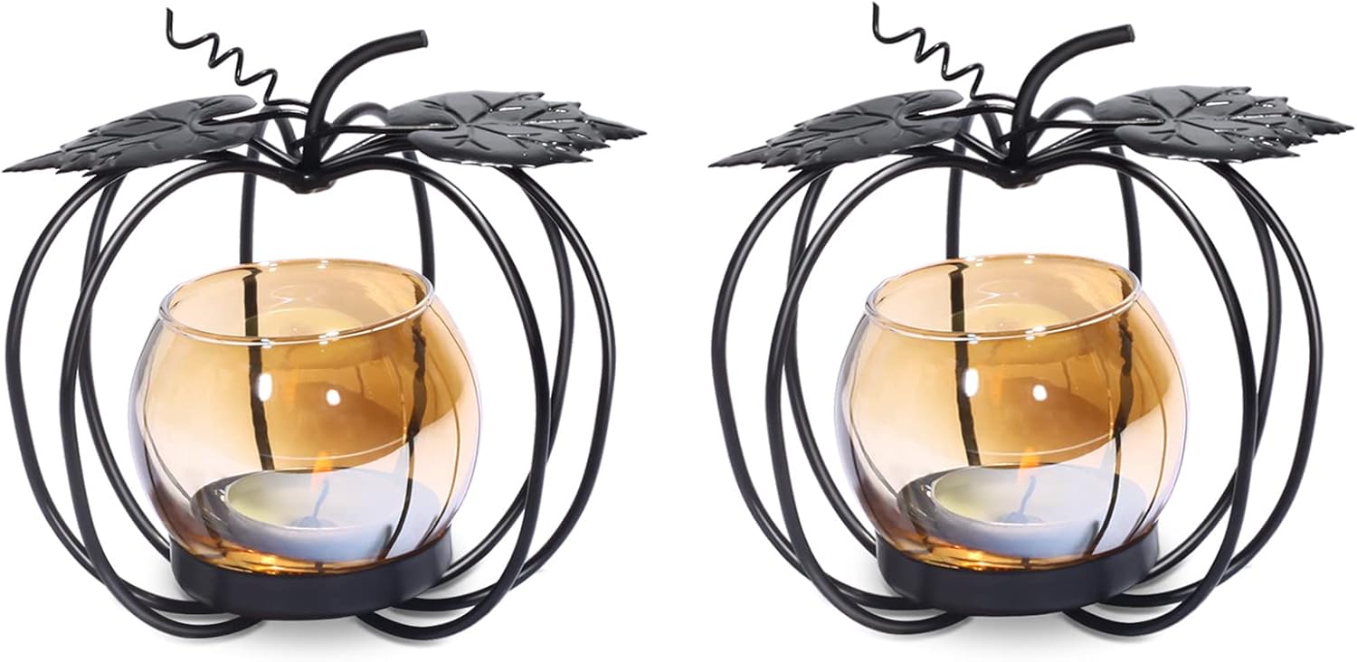 Pumpkin Glass Votive Candle Holder, Set of 2, Decorative Matte Black Iron Tea Light Candle Holder for Home Décor, Thanksgiving Decoration, Halloween Table Decor