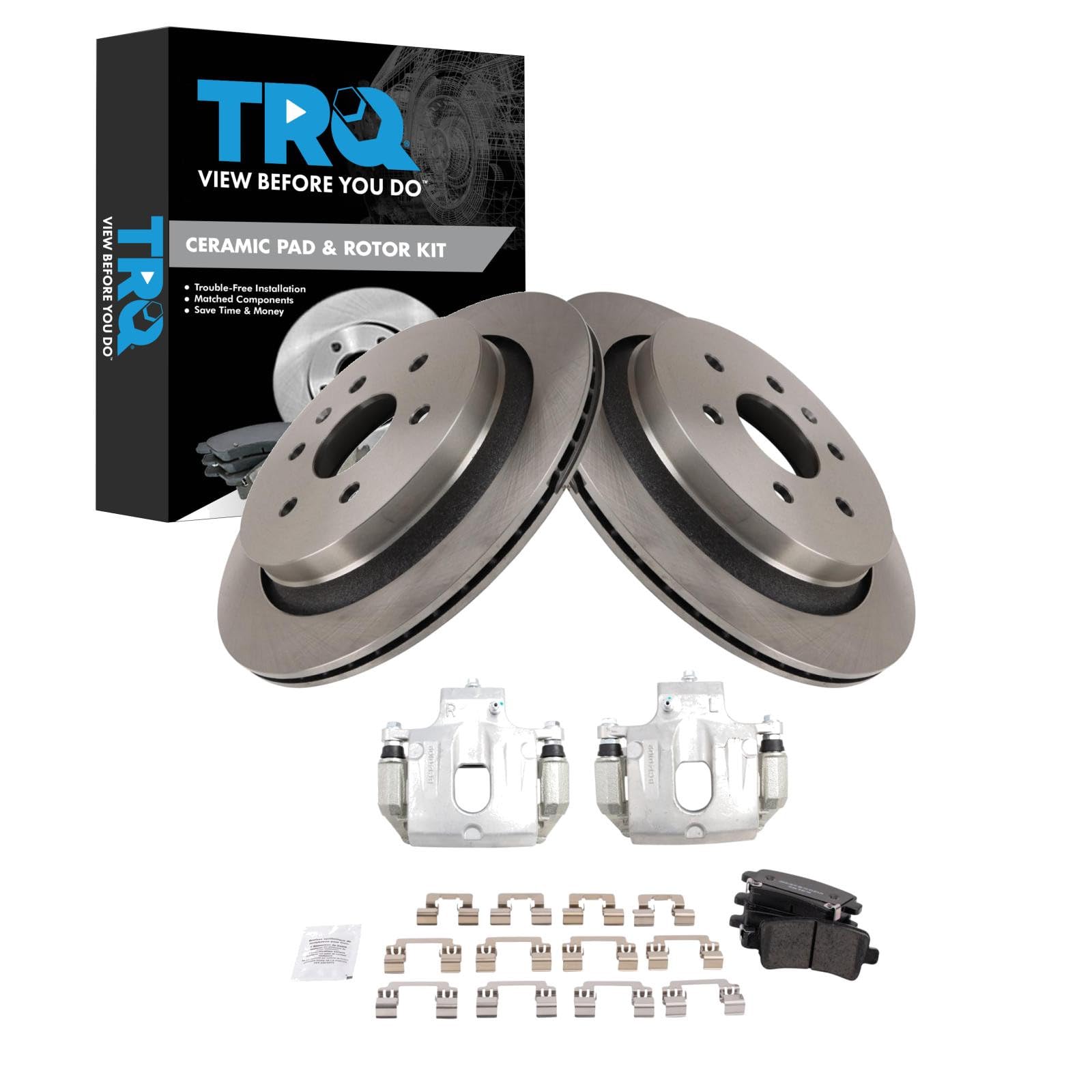 TRQ Rear Brake Pad and Rotor Set Ceramic Rotors Calipers Compatible with 2013-2018 Cadillac XTS