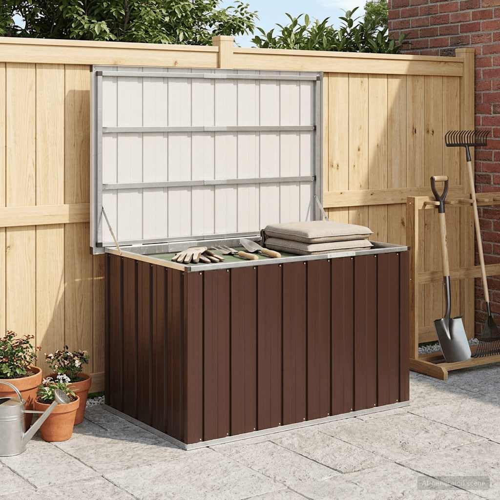 Scatola portaoggetti da giardino, marrone, 109 x 67 x 65 cm, con telaio in acciaio zincato, resistente alle intemperie, per cuscini e attrezzi da giardino, per terrazza, balcone e esterni