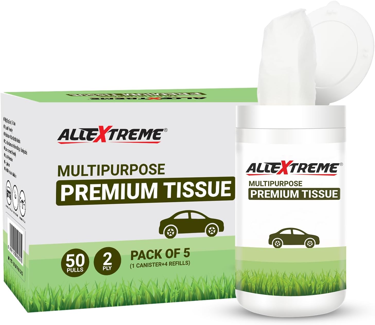 AllExtreme Car Tissues Pack of 5 (50 Pulls, 2 Ply–250 Pulls) Multipurpose Tissue Cup Holder Box Portable Napkin Case- Perfect for Travel & Daily Use (1 Canister of 50 pulls + 4 Refills)