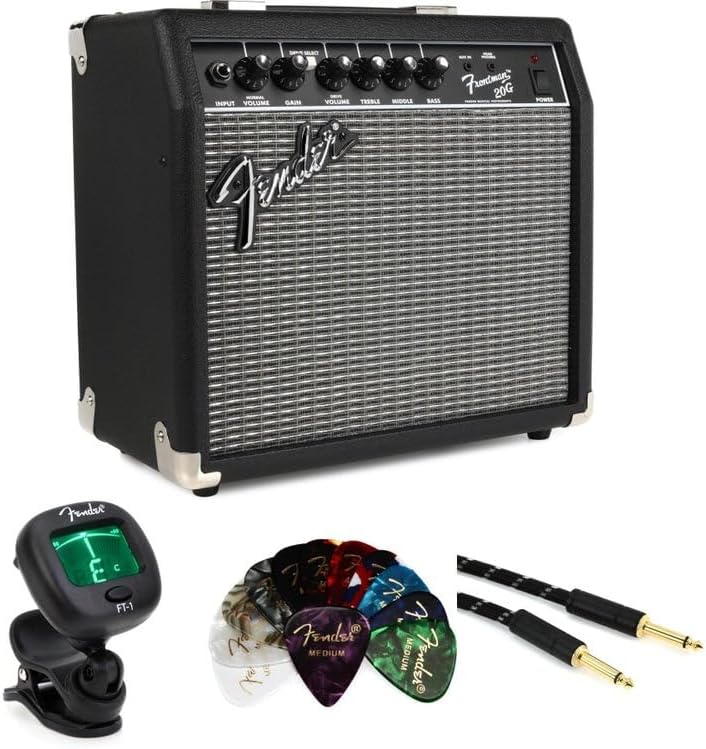 Fender Frontman 20-Watt Combo Amp Bundle - Includes 1x8-Inch 20-Watt Combo Amplifier, Tuner, Instrument Cable, and Picks - Perfect for Practice, Beginners, and Small Performances