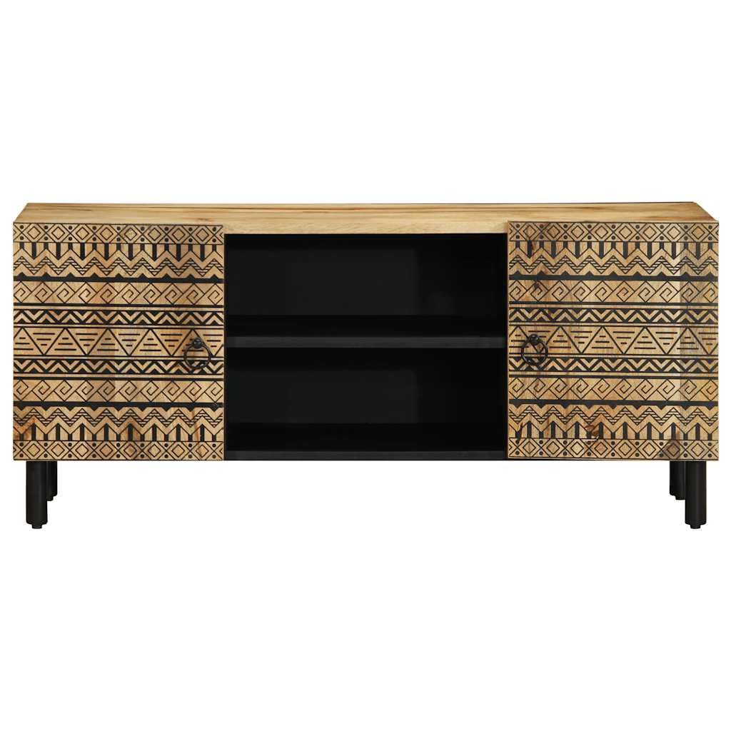 Mobile TV nero in legno di mango grezzo, 105 x 33,5 x 46 cm, con 2 ante e ripiani, stabile contenitore multimediale per soggiorno e ufficio, salvaspazio in stile industriale