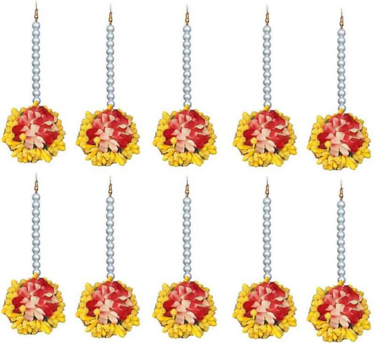 Laxmi Ethnic Flower Yellow & Red Fabric Along with Pearls Brass Maang Tikka for Womens Pack of 10 (B08WK66Q8Z) Amazon Price History, Amazon Price Tracker