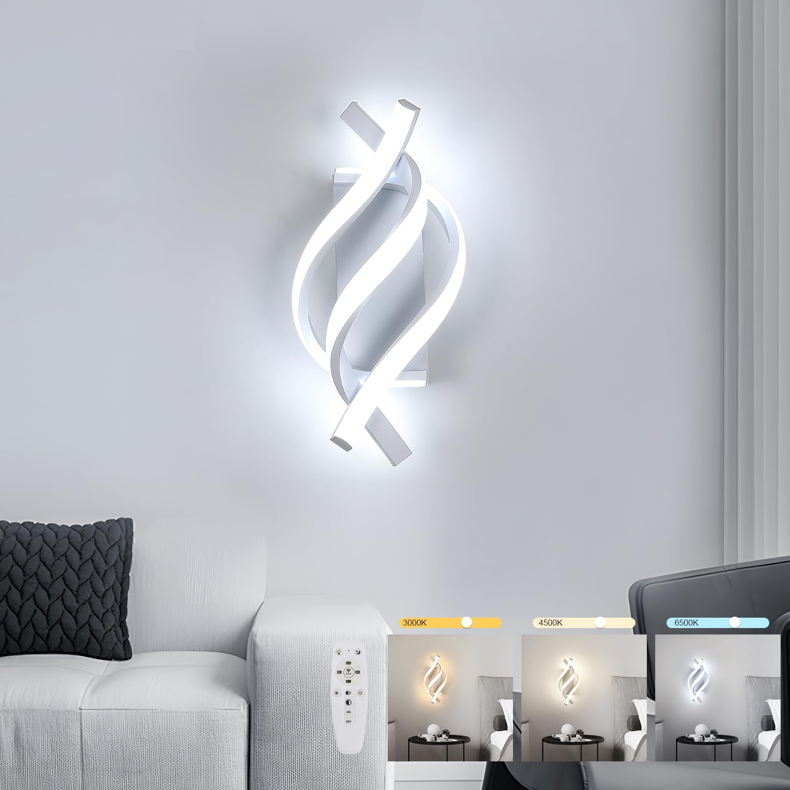 Dorlink Modern LED Wall Lights with Remote Control,3 Color Temperature & Stepless Dimmable,22W 1320LM White Spiral Aluminum Wall Lamp,Indoor Wall Sconce Lights for Living Room,Bedroom,Bedside,Hallway