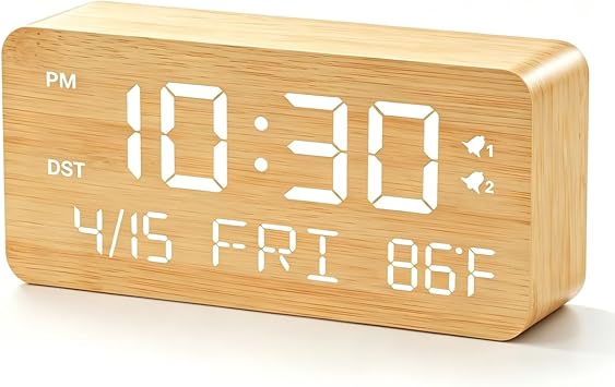 Premium Wooden Digital Alarm Clock with USB Charging Ports, Dimmable LED Display, Date, Day of Week, Temperature, DST, Clocks for Bedrooms, Desk, Nightstand, Bedside, Table, Office, Living Room Decor