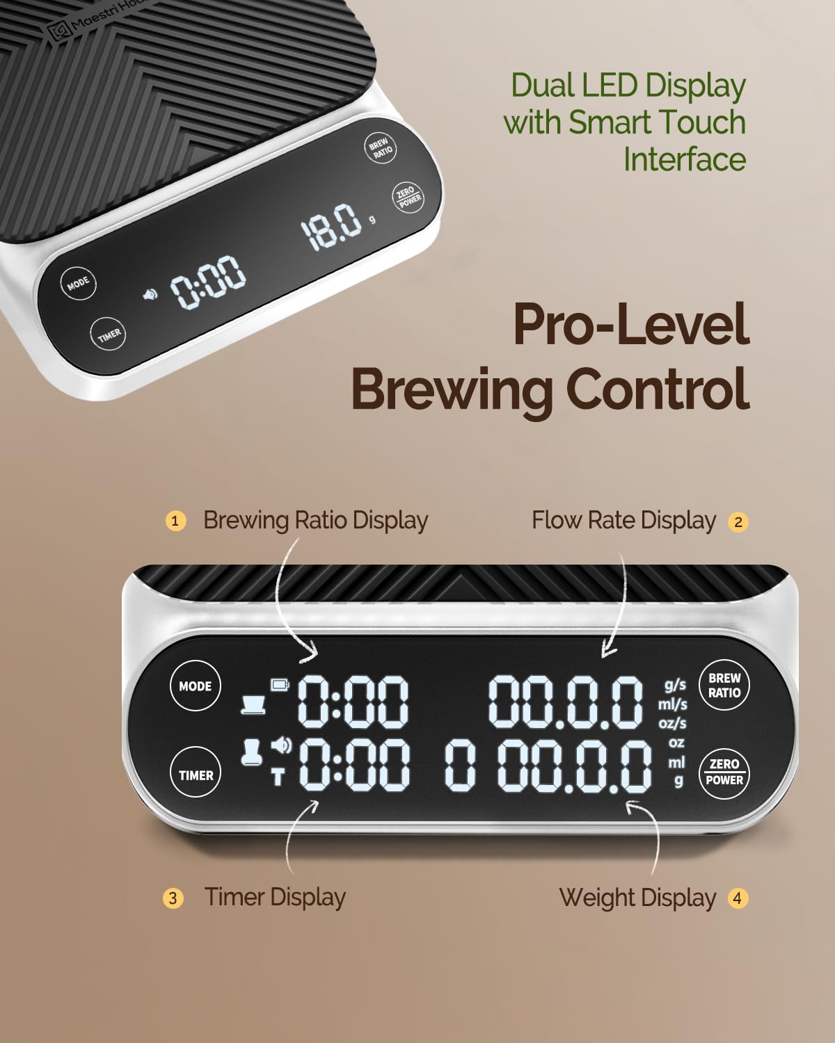 Maestri House S3 Balance à café avec minuteur, 3 kg/0,1 g, balance numérique rechargeable, 3 modes d'infusion, rapports réglables et affichage du débit, qualité barista pour verser, expresso