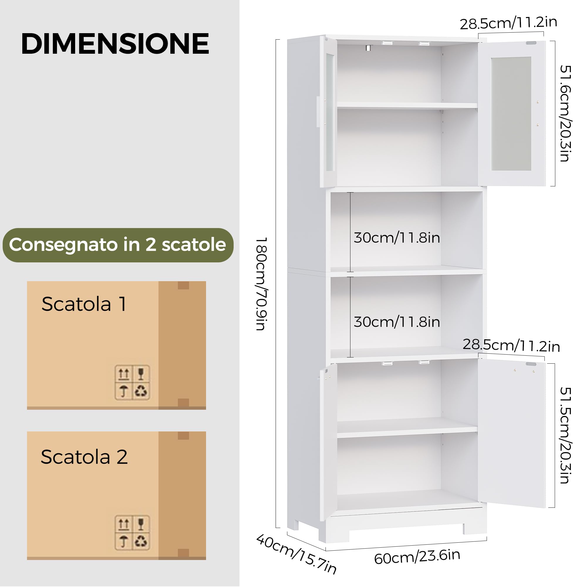 BEWISHOME Mobile Alto da Bagno, Arredo Bagno con Ripiani Regolabili, Mobiletto Portaoggetti Salvaspazio,per Sala da Pranzo, Salotto, Soggiorno, Cucina 40x60x180cm Bianco Spedito in 2 Pacchi EYYG04W