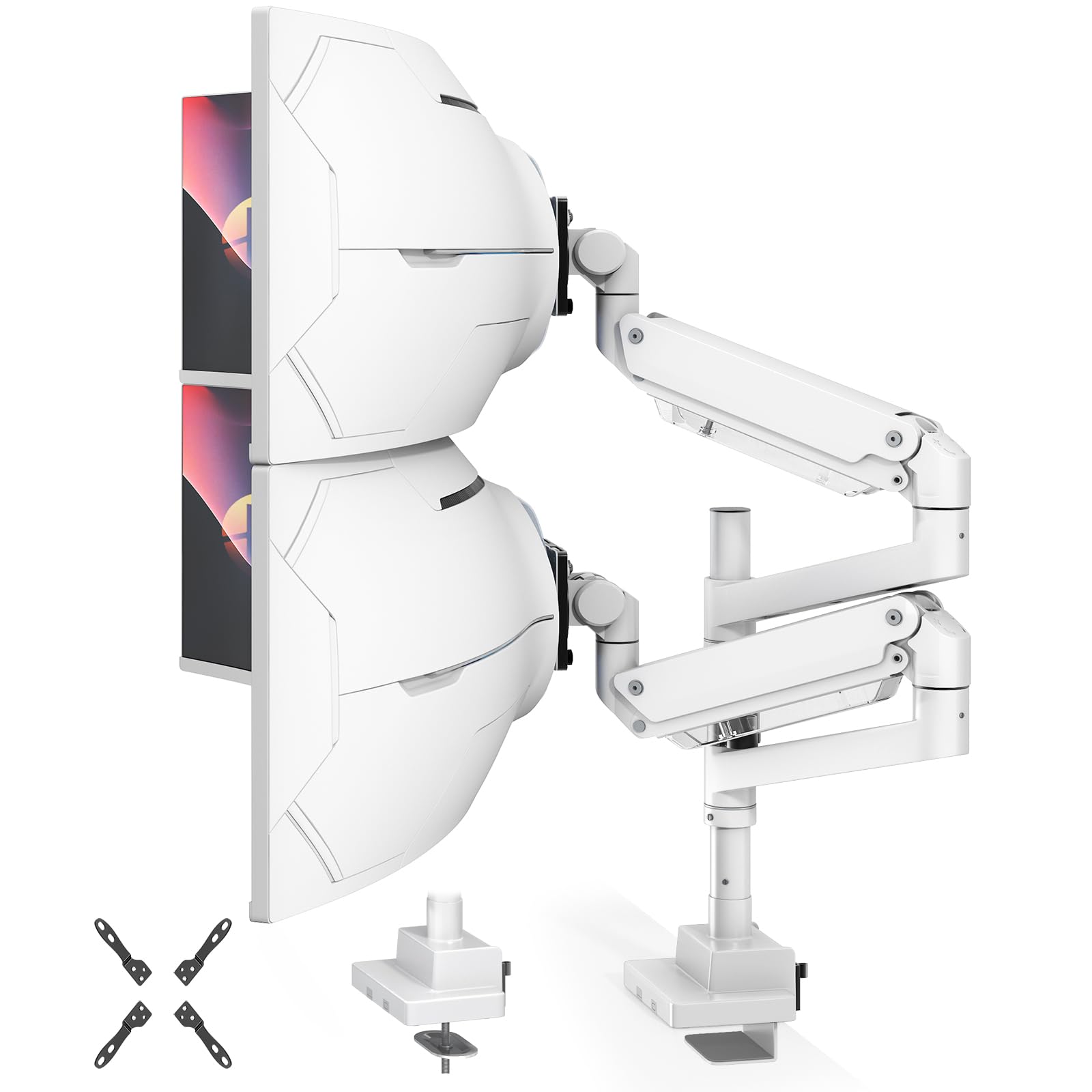 Support d'écran PUTORSEN pour 2 écrans superposés, Compatible avec des écrans de 24 à 57 Pouces et d'un Poids Maximal de 27 kg par Bras, VESA 75/100/200 mm, Blanc