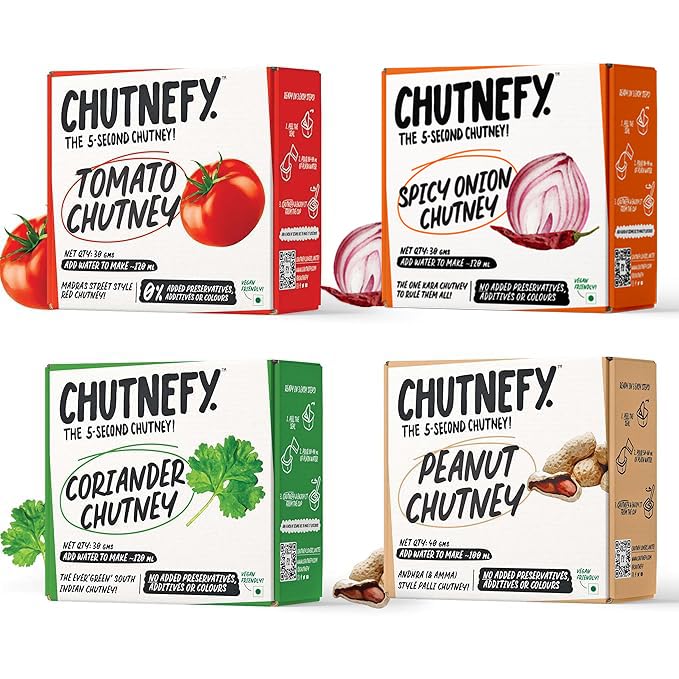 CHUTNEFY - 5-Second Staple Chutney Combo (Pack of 4 - 120ml Each) | Tomato, Peanut, Coriander, Spicy Onion (Kara) Chutney | Home Style Delicious & Ready-to-Eat |100% Natural Ingredient