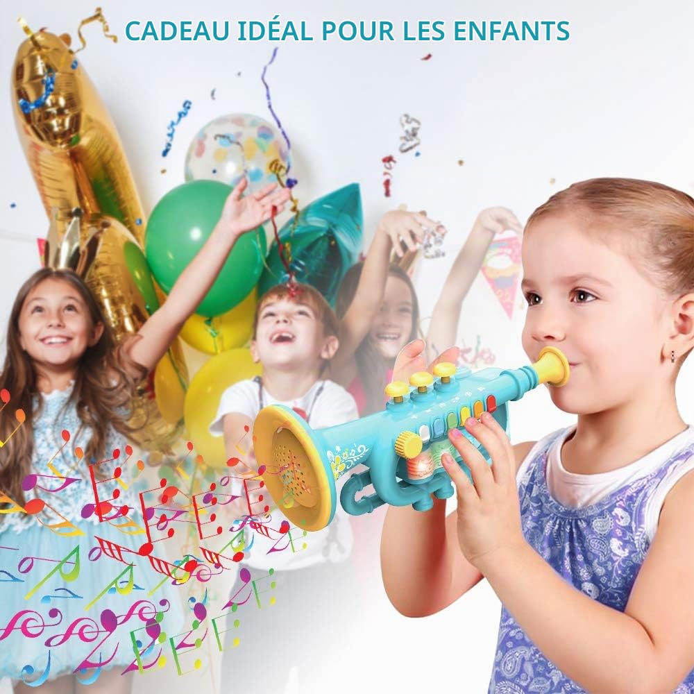 Trompette Portable avec Musique - Instrument de Musique Allumé en Plastique, Jouet pour Enfants (Blue)