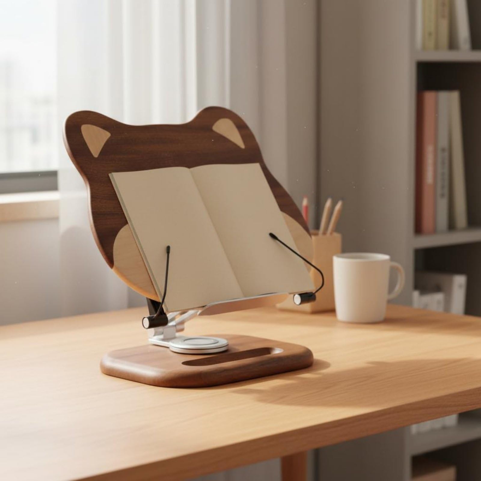 Leggìo per Bambini Supporto Libro Stand Porta Libri Porta Tablet in Legno con Vassoio Integrato Fermapagine E Braccio in Alluminio Base Rotante