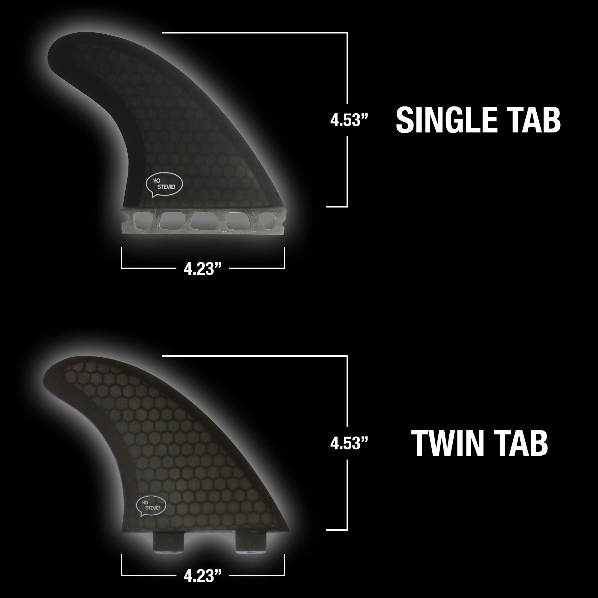 Ho Stevie! Thruster (3) Surfboard Fins - High Performance HexCore - Built for Maneuverability - [Choose Base] with Fin Key, Screws, Wax Comb and Travel Case