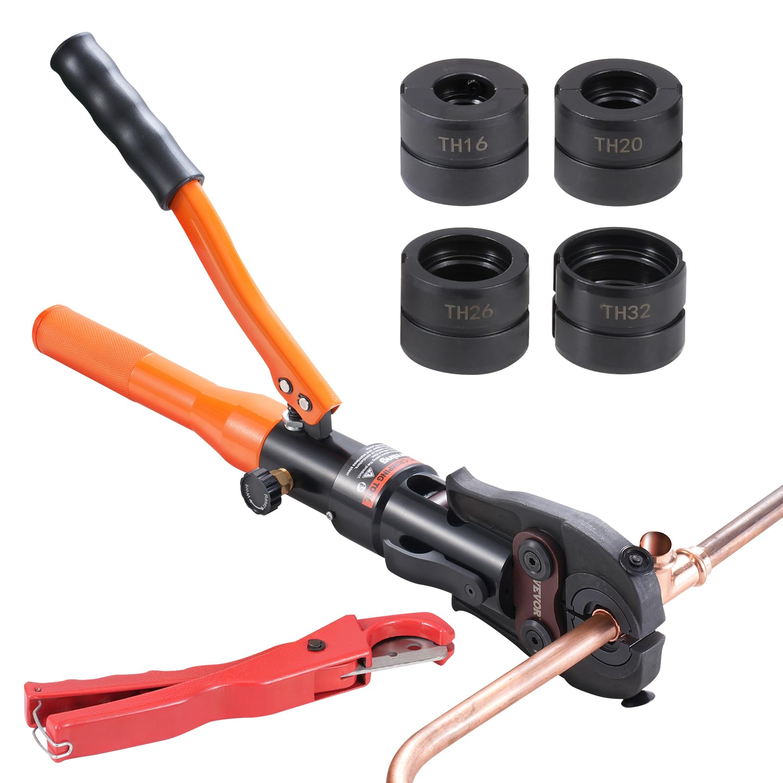 VEVOR Utensile per Crimpatura Idraulica per Raccordi per Tubi in Rame, Pinza Pressatura con Ganasce a Cambio TH16, TH20, TH26, TH32, kit Pressa Girevole a 360° Raccordi a T Azionati Idraulicamente