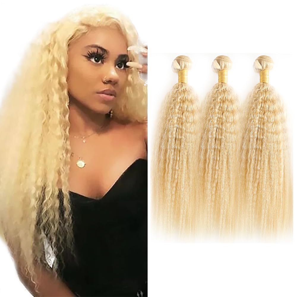Shoaiye #613 Bleach Blonde Color Yaki Straight Human Hair Bundles Doubles Weft Unprocessed Human Hair Extension 3 Bundles Total 300g No Smell No Tangle 18 20 22 Inch