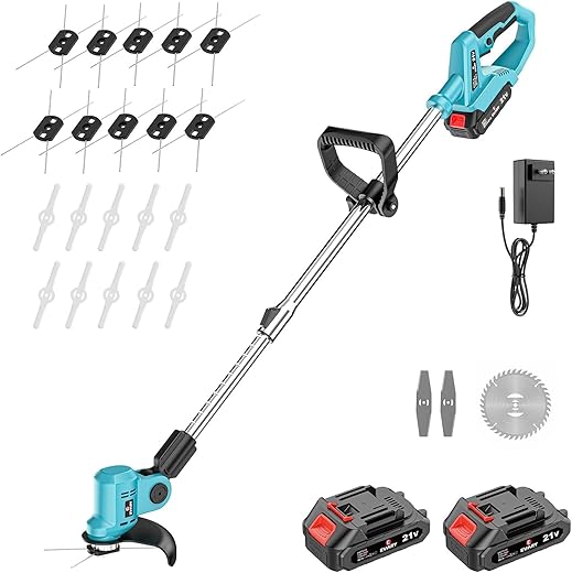Rasentrimmer mit 2 x 3.0 Akku Freischneider Leichter Rasenmäherschneider für Rasenschneiden, 10 Metall-Fadenspule, 10 Kunststoffklingen, 2 Metallklingen, 1…