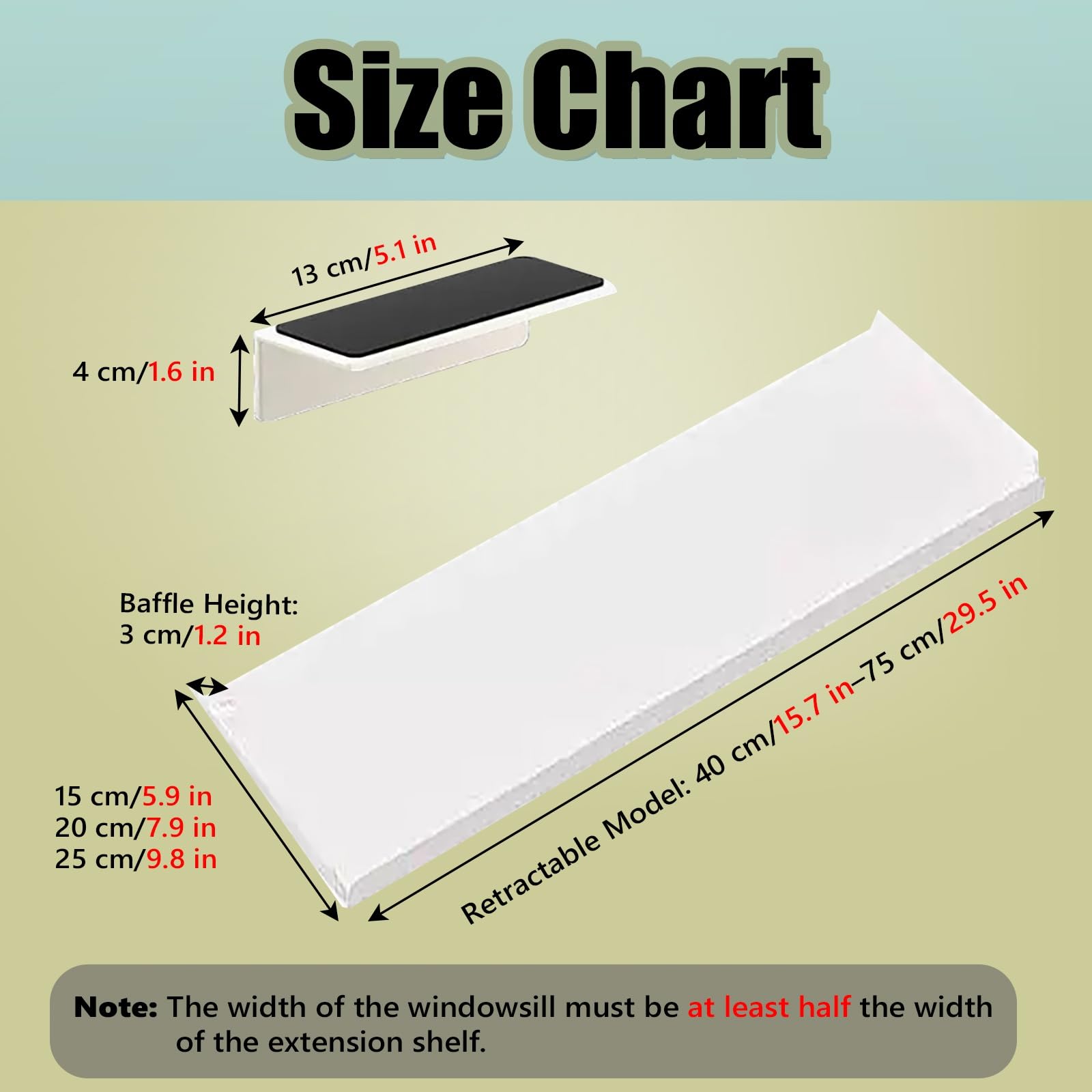 Przedłużacz parapetu okiennego do roślin – 40–75 cm x 25 cm, wielofunkcyjny, do kuchni i łazienki, idealny do doniczek i solutów (40–75 cm x 25 cm)