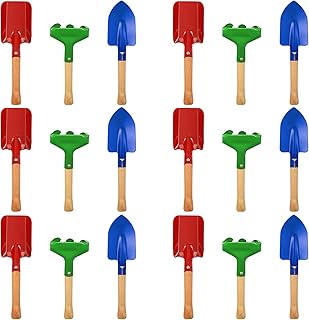 Tarpop 18 Pcs Kids Gardening Tools Set, Metal Kids Yard Tools with Sturdy Wooden Handle Safe Children Beach Sandbox Toy Sand Play Kit for Flower Soil Planting Loosening Digging, Trowel, Rake, Shovel