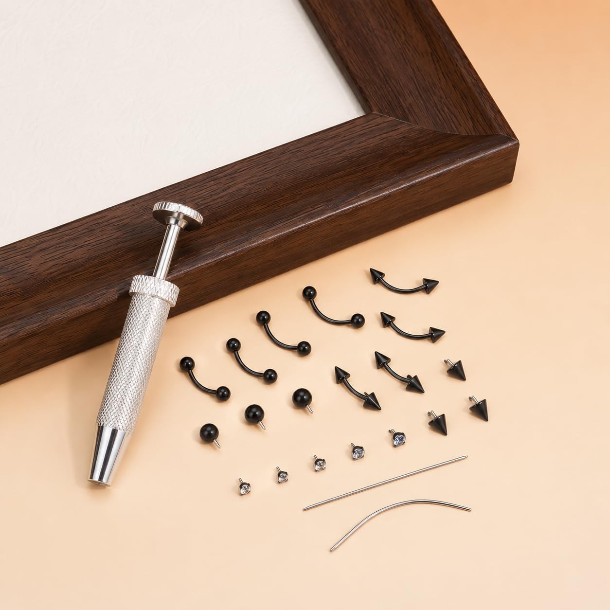 Eyebrow Piercing Jewelry Set with Tool, Surgical Steel Curved Barbell Kit with CZ, Spike & Ball Replacement Ends, Internal Thread 6mm/8mm/10mm Rook Daith Lip Rings for Women Men
