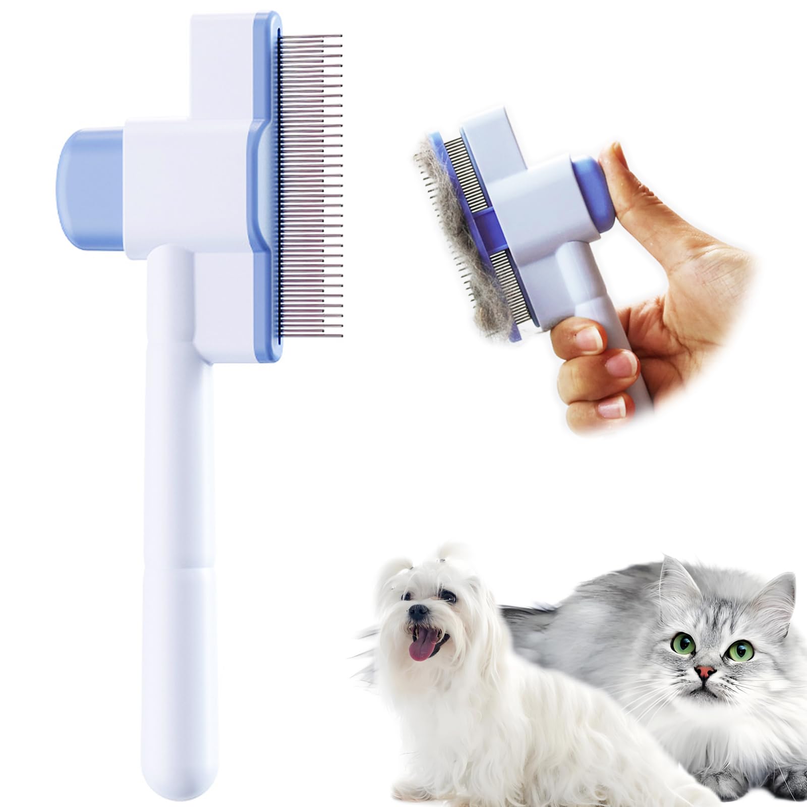 Cat Comb Pet Comb Self Cleaning Upgraded Cat Brush for Long Haired Cats & Dogs, Blue