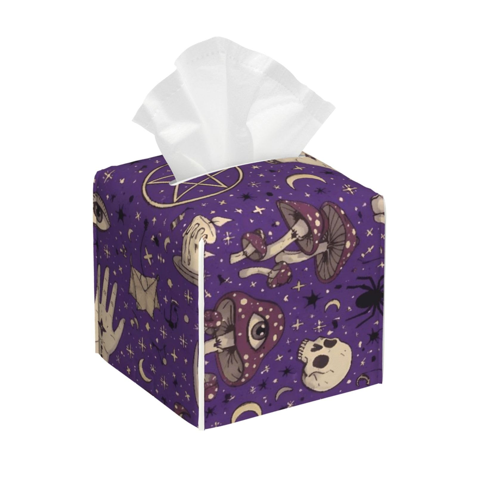 Witchcraft Goth Skull Mushroom Leather Tissue Box Cover Holder Square Facial Paper Organizer 5.2" X 5.2" X 5.2"