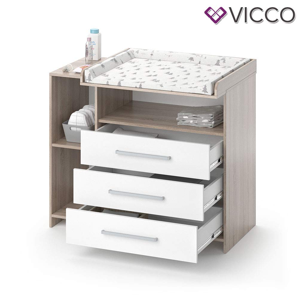 Vicco Cómoda Cambiador Oskar, Blanco/Sonoma, 113 x 100 cm, Convertible en cómoda Gracias al Cambiador extraíble