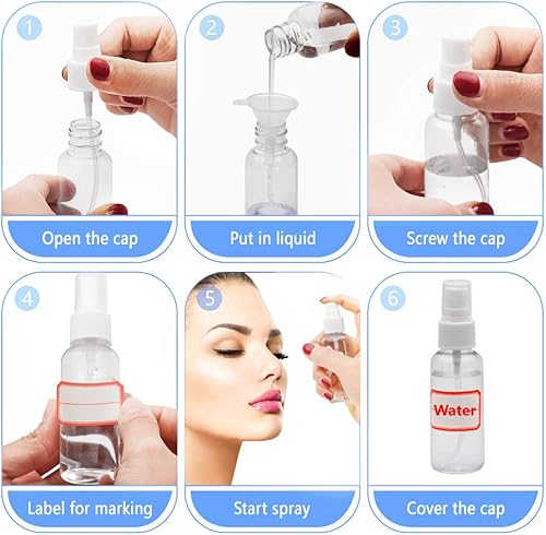 Vista 5 de Mini Spray Bottles, 2oz/50ml Small Spray Bottle, Plastic Travel Spray Bottle for Liquids, Refillable Hand Spritzer Bottles for Liquids, Clear 2oz