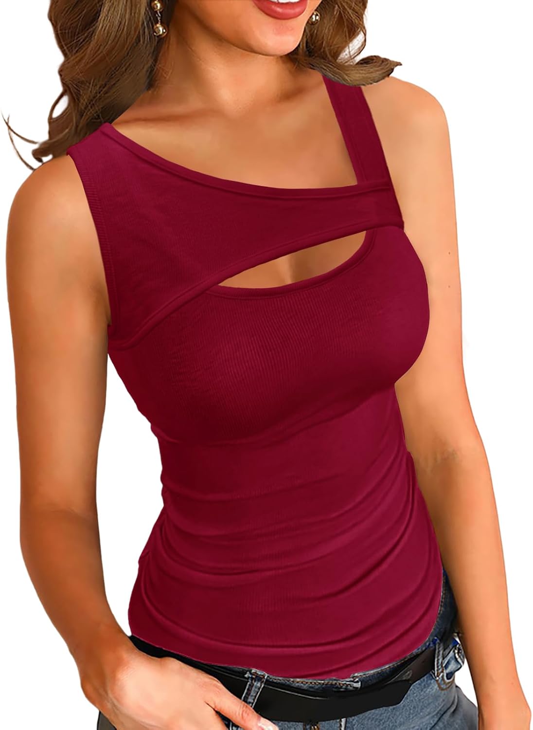 Basicspace Womens Fashion Summer Tank Tops One Piece Cutout Tshirts Sleeveless Ribbed Slim Fitted Shirts Tee