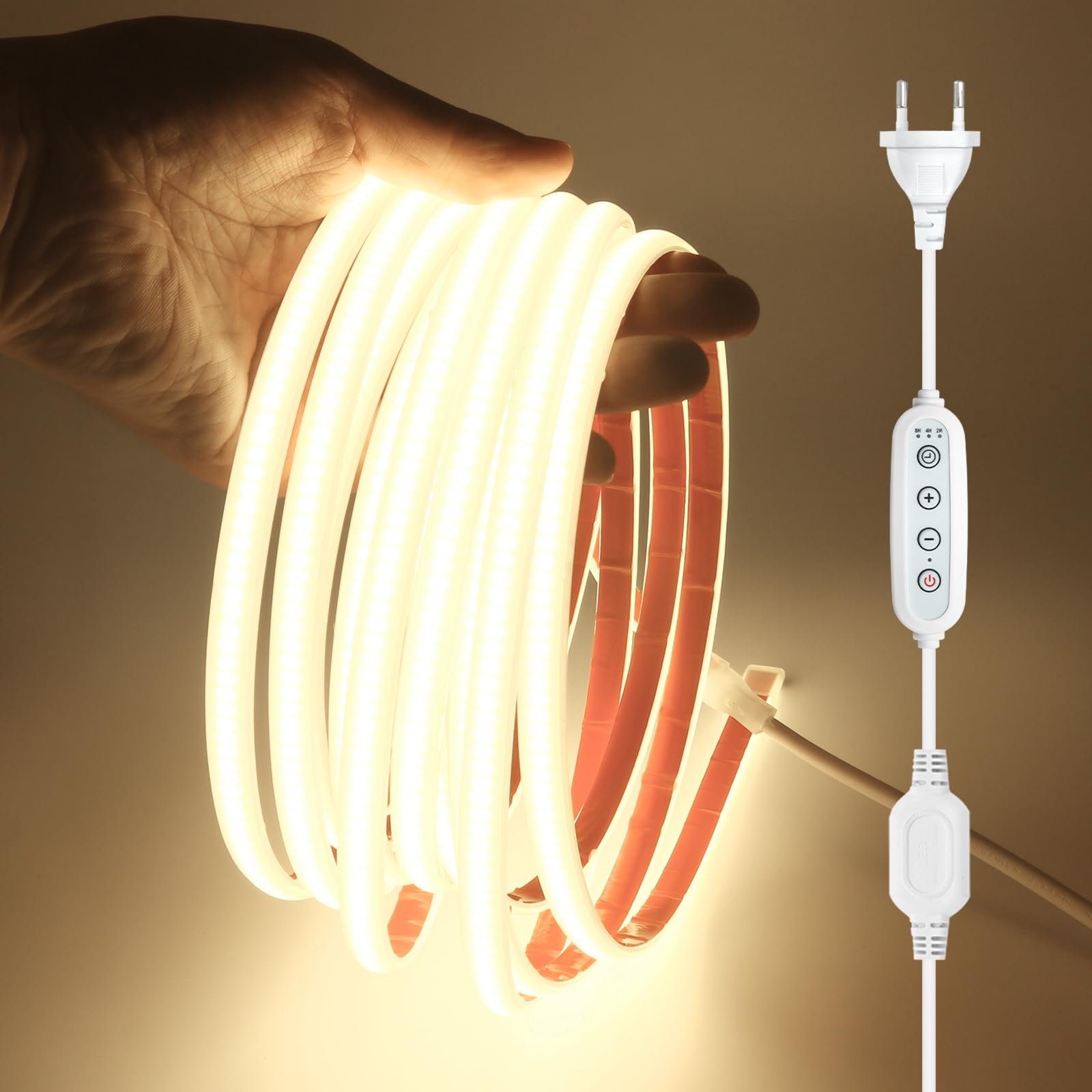 Dimmable Ruban LED COB avec Fonction Minuterie, Lumière au LED IP65 étanche 230V 288LEDs/m Silicone Bandeau Autocollant Flex Ruban LED Light Strip pour Intérieur/Extérieur (Blanc naturel, 12M)