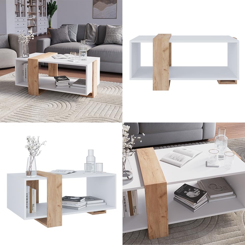 Vicco Couchtisch Aven, Weiß/Goldkraft Eiche, 91.5 x 52 cm | mit zusätzlicher Ablagefläche für Bücher und Zeitschriften