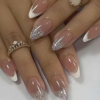 Christmas Press on Nails Medium Almond White French Fake Winter Xmas With Glitter Design Nude Pink False Christmas Glue on Acrylic for Women 24Pcs