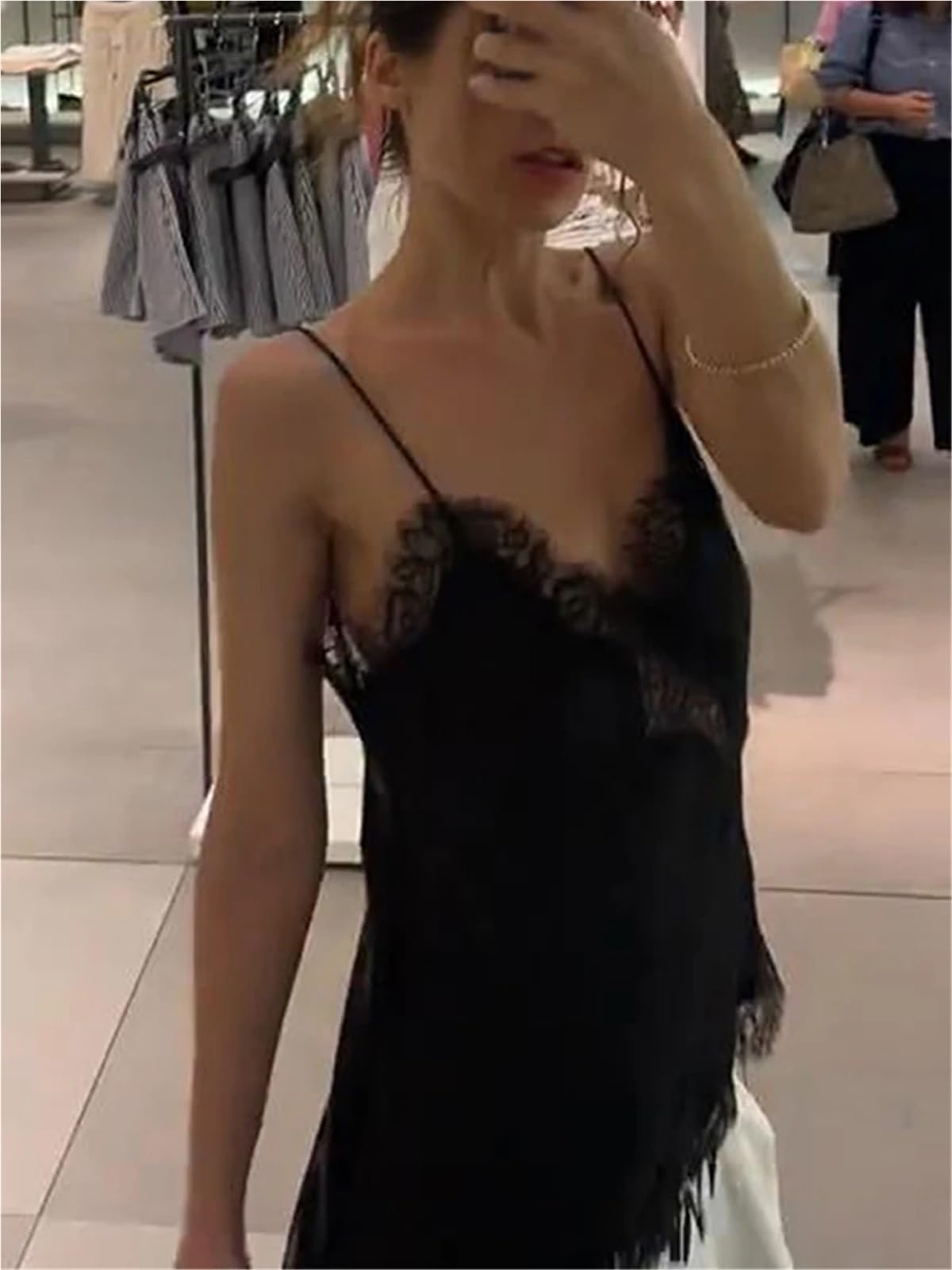 Camisola De Seda Top de Encaje Liso con Tirantes for Mujer, sin Mangas, Retazos, Irregular, Elegante, Informal, for Vacaciones Verano